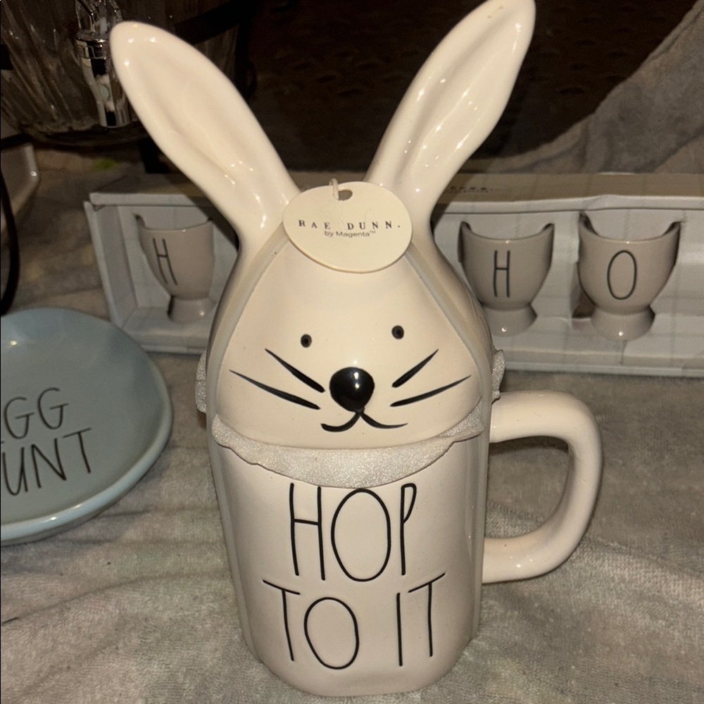 Rae Dunn White 'Hop To It' Mug with Bunny Ears Lid